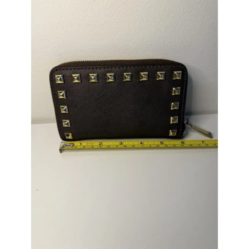 Michael Kors Saffiano Leather Studded Zip Around Wristlet Wallet Brown Gold